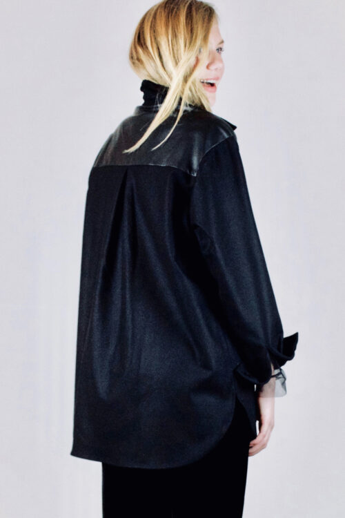 Shirt jacket 'Axl' of black wool with leather yoke - Image 2