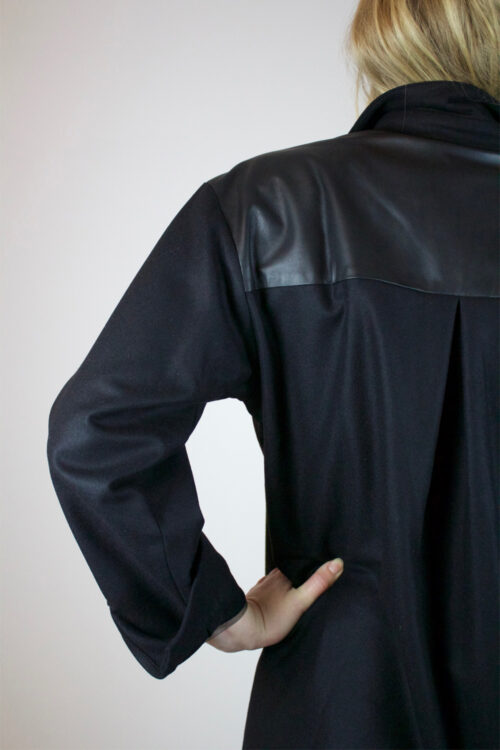 Shirt jacket 'Axl' of black wool with leather yoke - Image 6