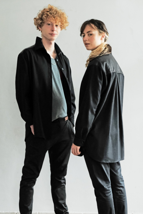 Shirt jacket 'Axl' of black wool with leather yoke