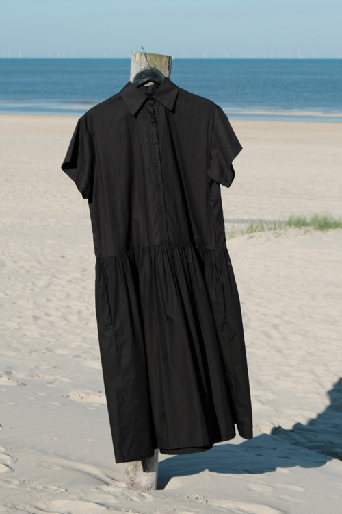 Loose Fit Shirt Dress of Black Cotton